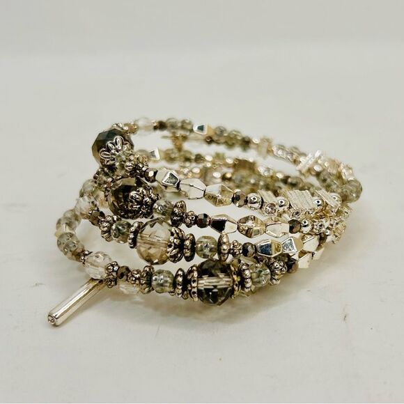 Silver and Gunmetal Beaded Stretch Bracelet Bangle - Picture 1 of 12